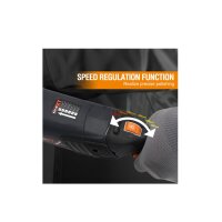 MAXXT MEP1200 Poliermaschine im Überblick: 1200W, 2-Gang (150/500-2100 U/min), 6 Klett-Teller, 5/8 UNC Spindel, 7 Schwammpad, 2,5 kg.